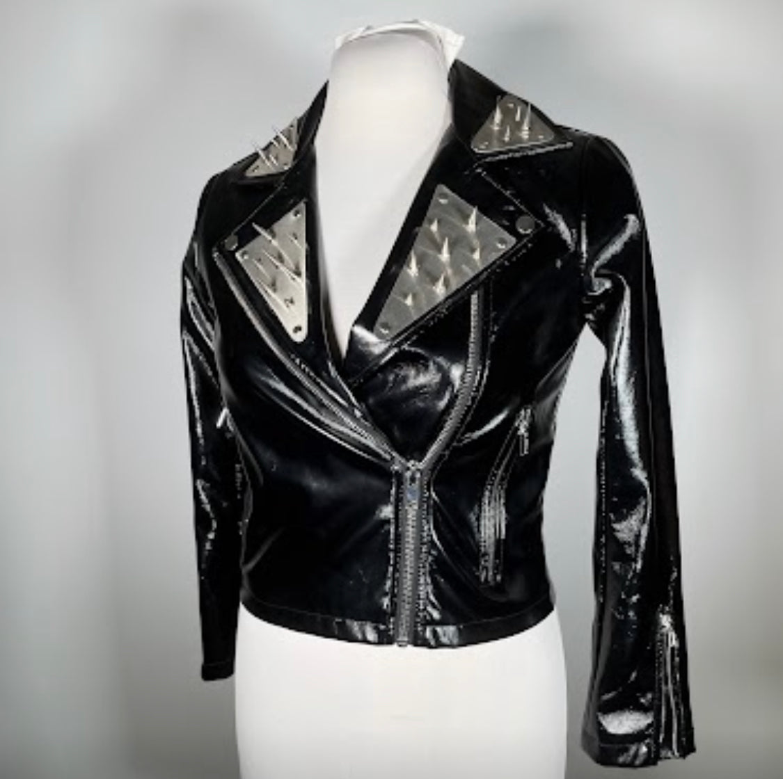 Vinyl PVC moto jacket with metal plating and spikes