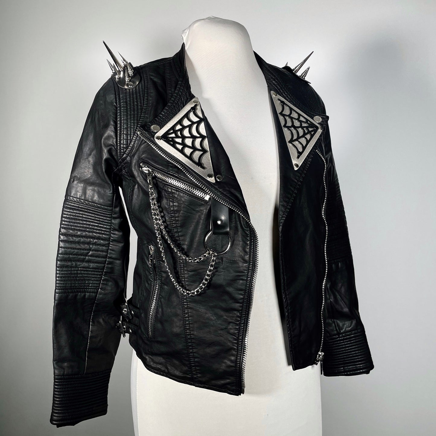 Black Pleather Moto with Metal Plating, PVC Spiderwebs, Spiked Shoulders and Chains