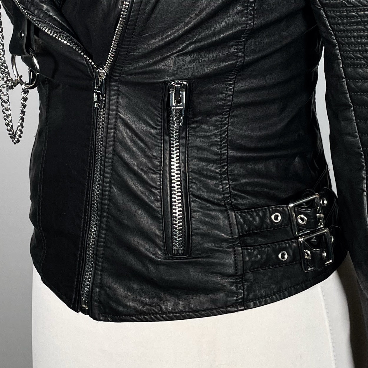 Black Pleather Moto with Metal Plating, PVC Spiderwebs, Spiked Shoulders and Chains