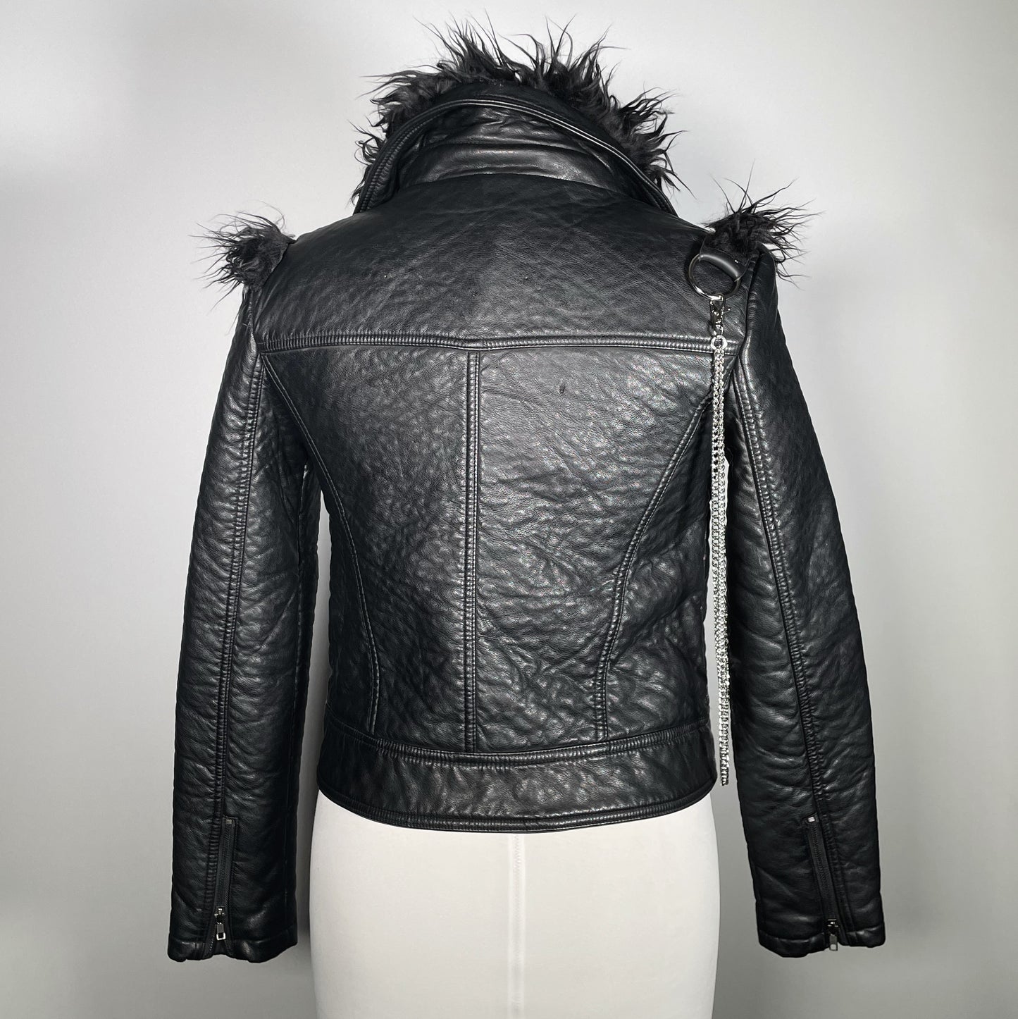 Black Pleather Moto with Metal Plating, PVC Spiderwebs, Faux Fur Trim and Chains