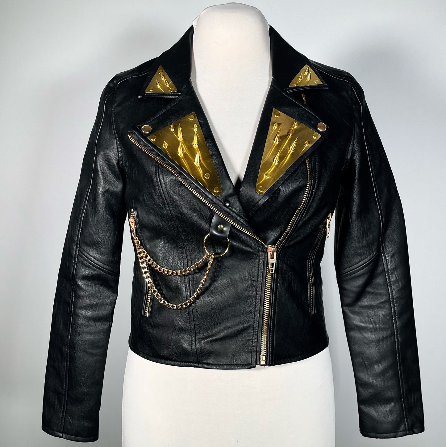 Black Pleather Moto Jacket with Gold Plating, Spikes and Chains (Med)