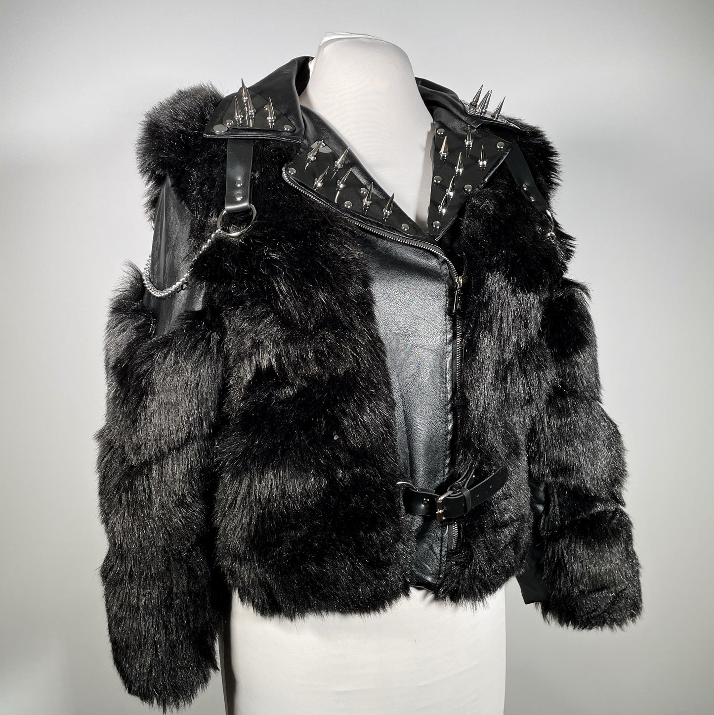 Black Pleather and Faux Fur Jacket with PVC Spiked Lapels and Harness Shoulders