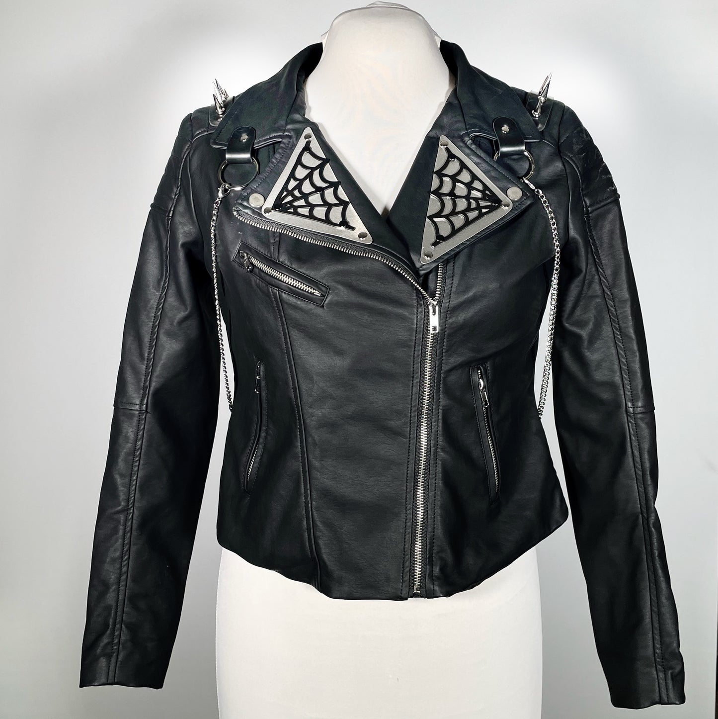 Black Pleather Moto with Metal Plating, PVC Spiderwebs, Spiked Shoulders and Removable Chain Harness