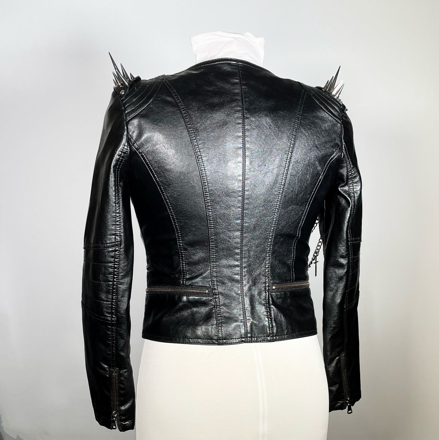 Black Pleather Moto with Metal Plating, PVC Spiderwebs, Spiked Shoulders and Chains with Crosses