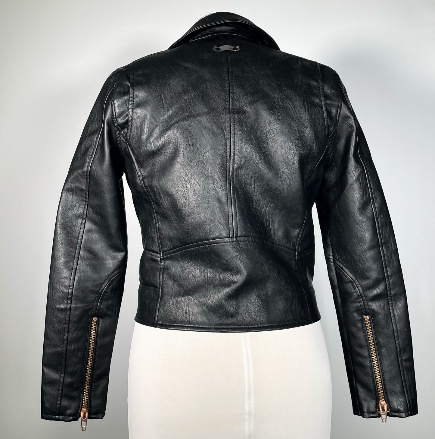 Black Pleather Moto Jacket with Gold Plating, Spikes and Chains (Med)