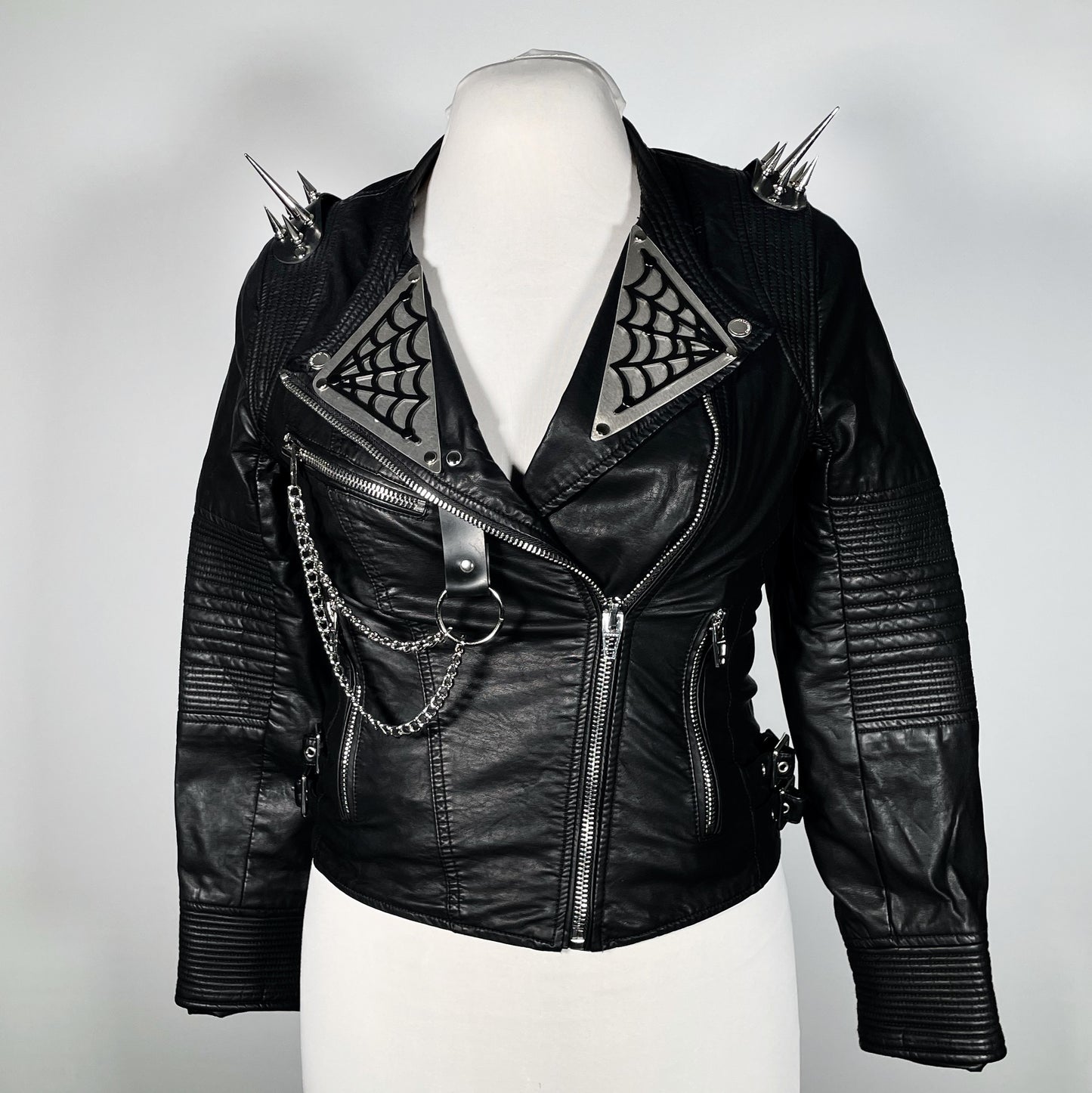 Black Pleather Moto with Metal Plating, PVC Spiderwebs, Spiked Shoulders and Chains
