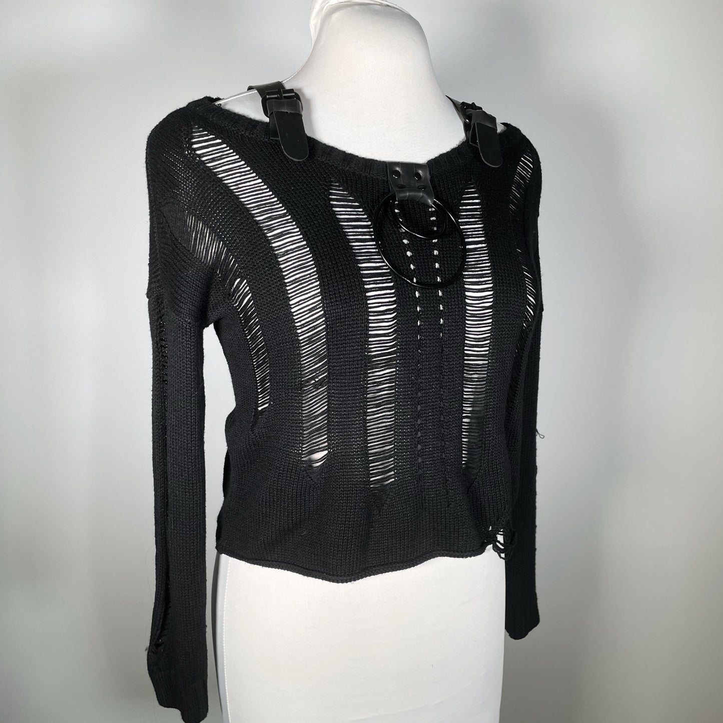 Black Distressed Sweater with Black Rubber and Black Hardware Accents