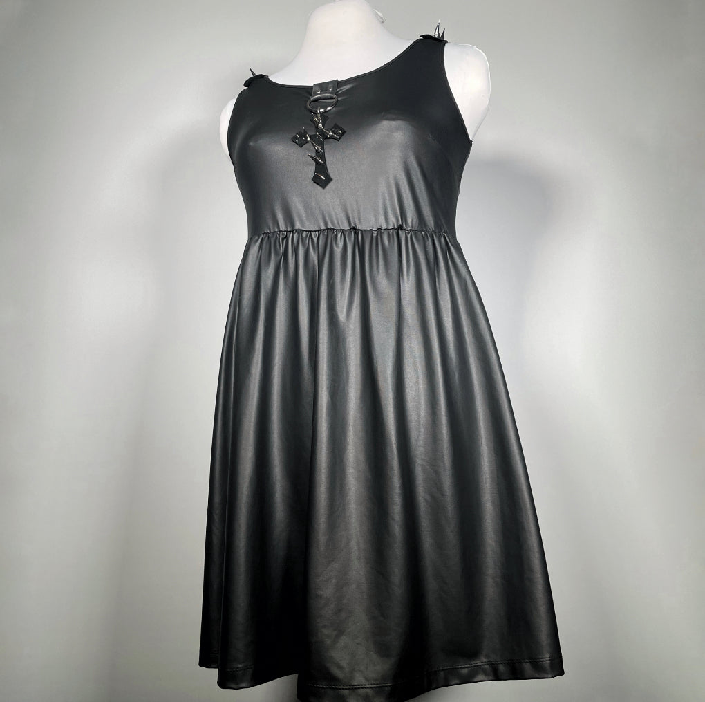 Black Stretchy Pleather Babydoll with Studded PVC Cross and Spiked Shoulders-SAMPLE