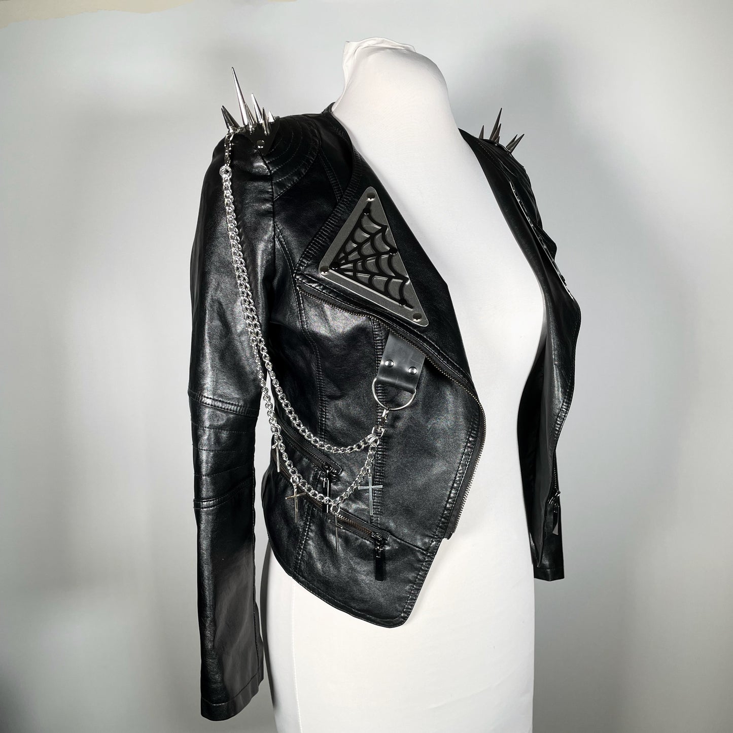Black Pleather Moto with Metal Plating, PVC Spiderwebs, Spiked Shoulders and Chains with Crosses
