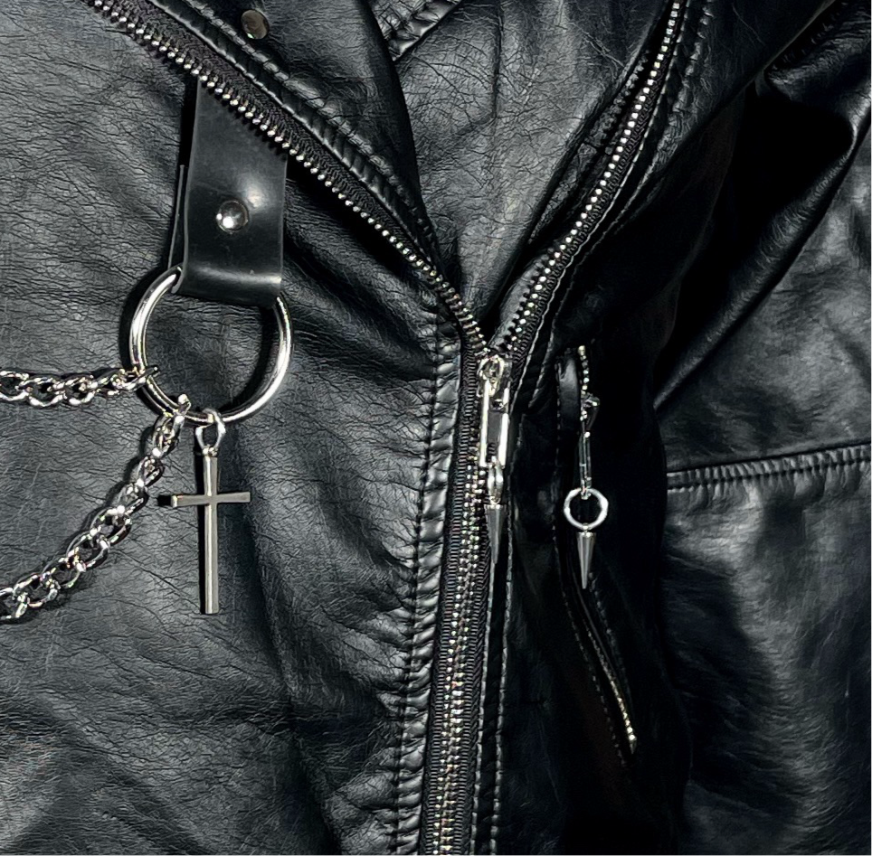 Black Pleather Moto with Metal Plating, PVC Spiderwebs, Studded Lapel and Chains with Cross
