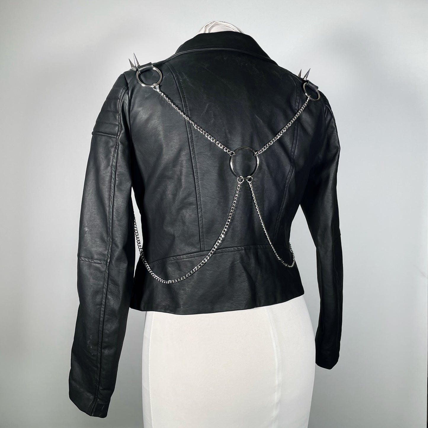 Black Pleather Moto with Metal Plating, PVC Spiderwebs, Spiked Shoulders and Removable Chain Harness