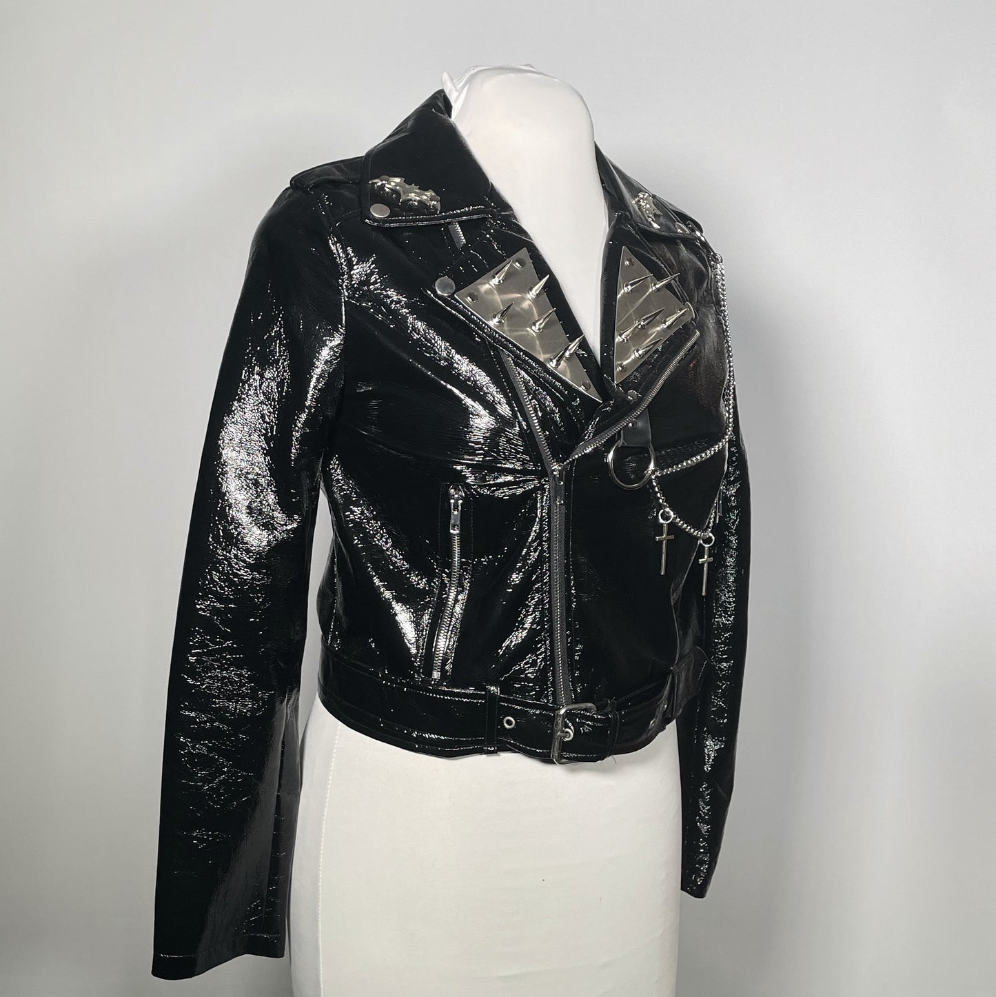 Black PVC Vinyl Goth Rock Moto Jacket with Bats and Spikes
