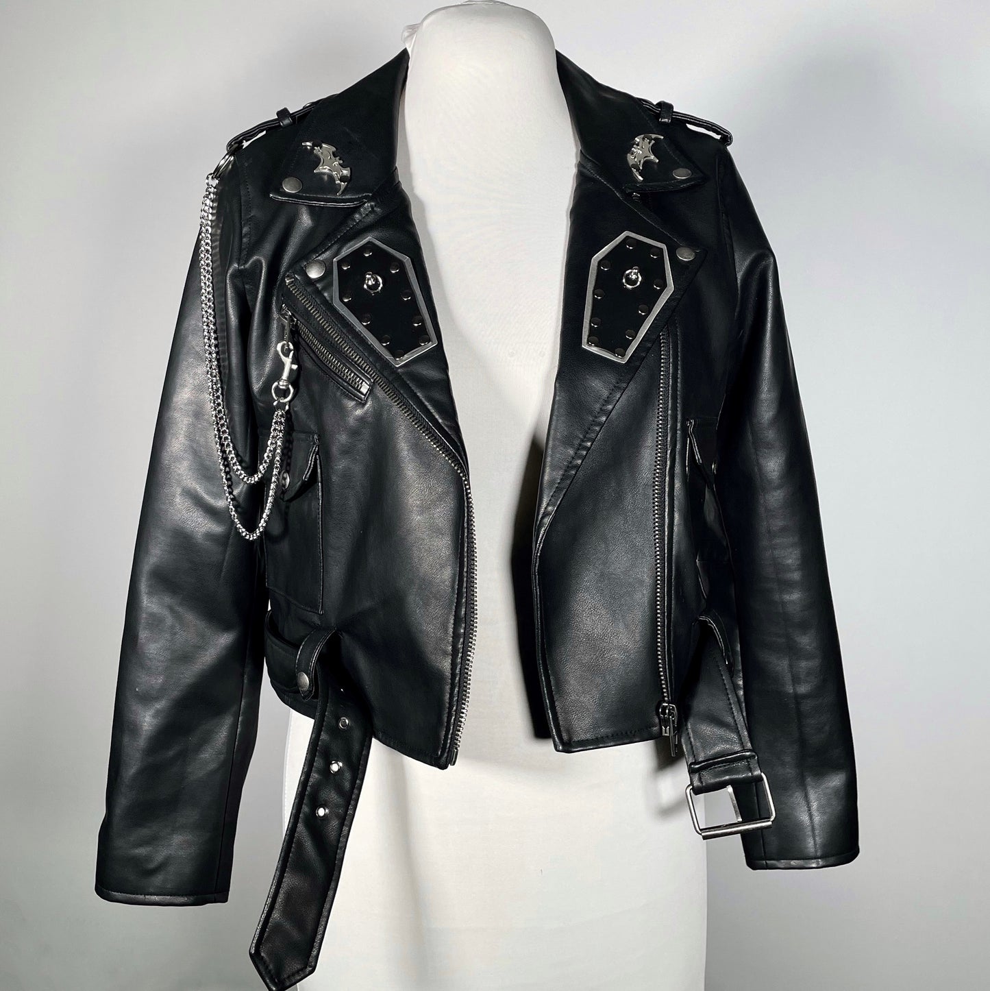 Black Pleather Moto Jacket with PVC/Metal Coffins, Bats and Removable Chains