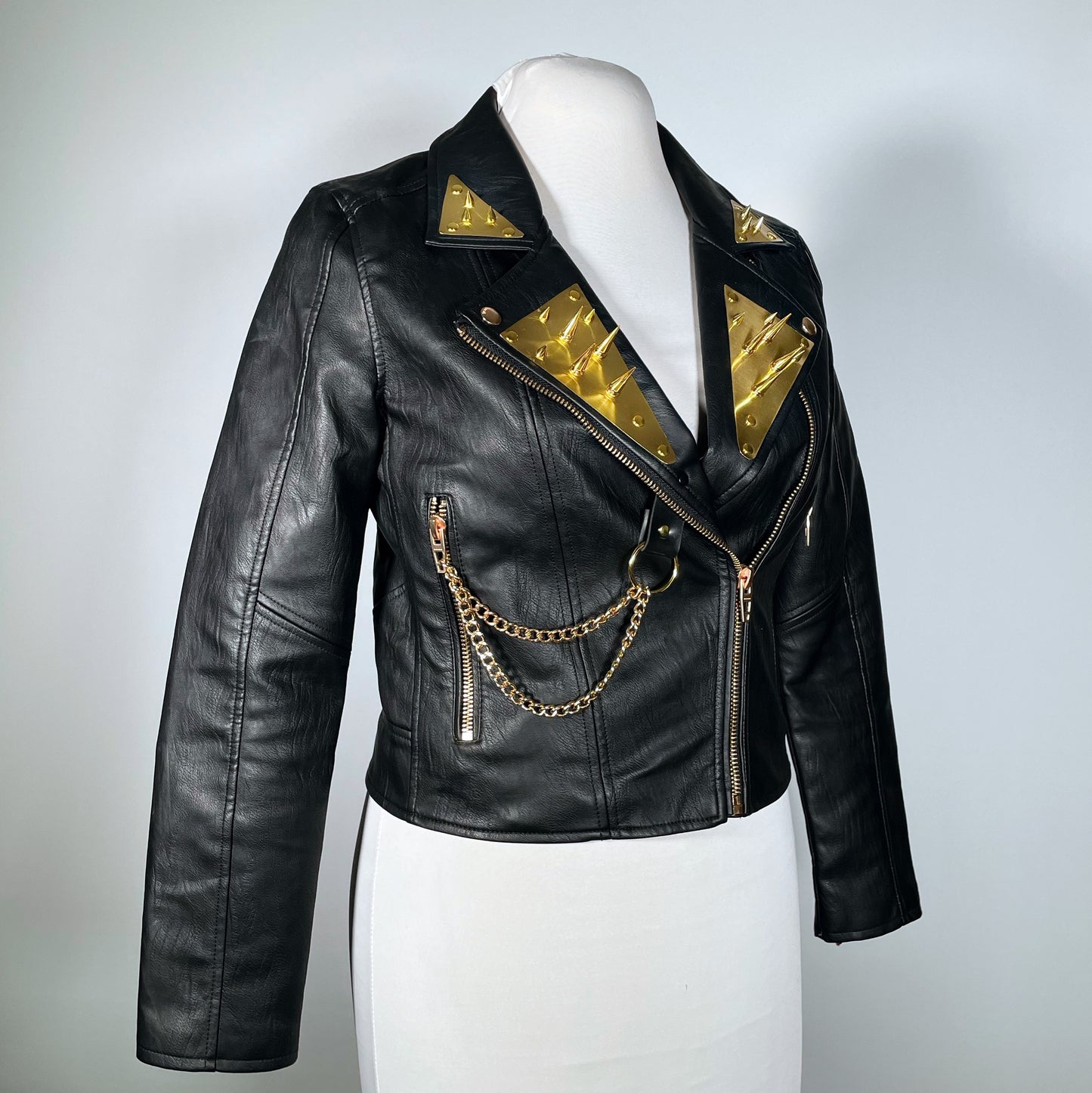 Black Pleather Moto Jacket with Gold Plating, Spikes and Chains (Med)