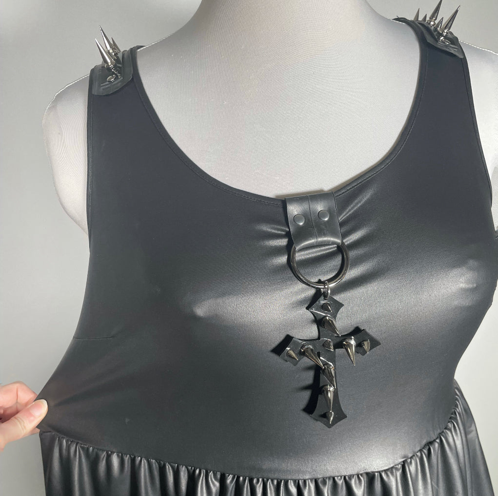 Black Stretchy Pleather Babydoll with Studded PVC Cross and Spiked Shoulders-SAMPLE