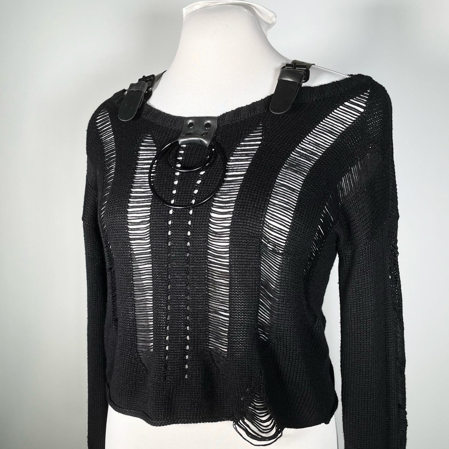 Black Distressed Sweater with Black Rubber and Black Hardware Accents