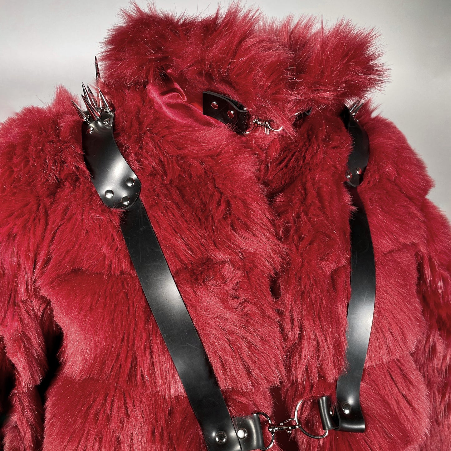 Red Faux Fur Cropped Jacket with Black Spiked Harness