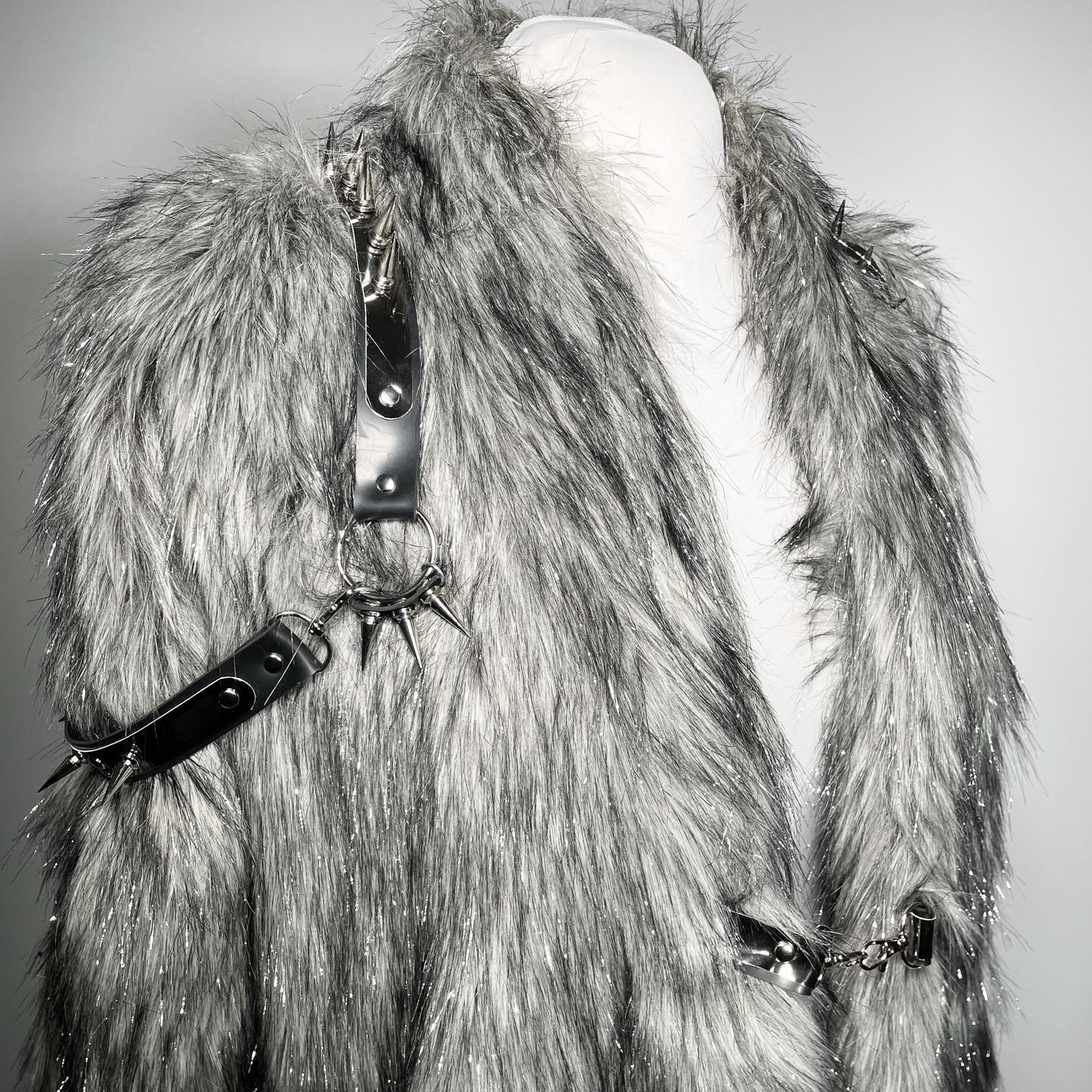 Grey with Silver Tinsel, Silver and Black Spiked Shoulder Harness Faux Fur Jacket