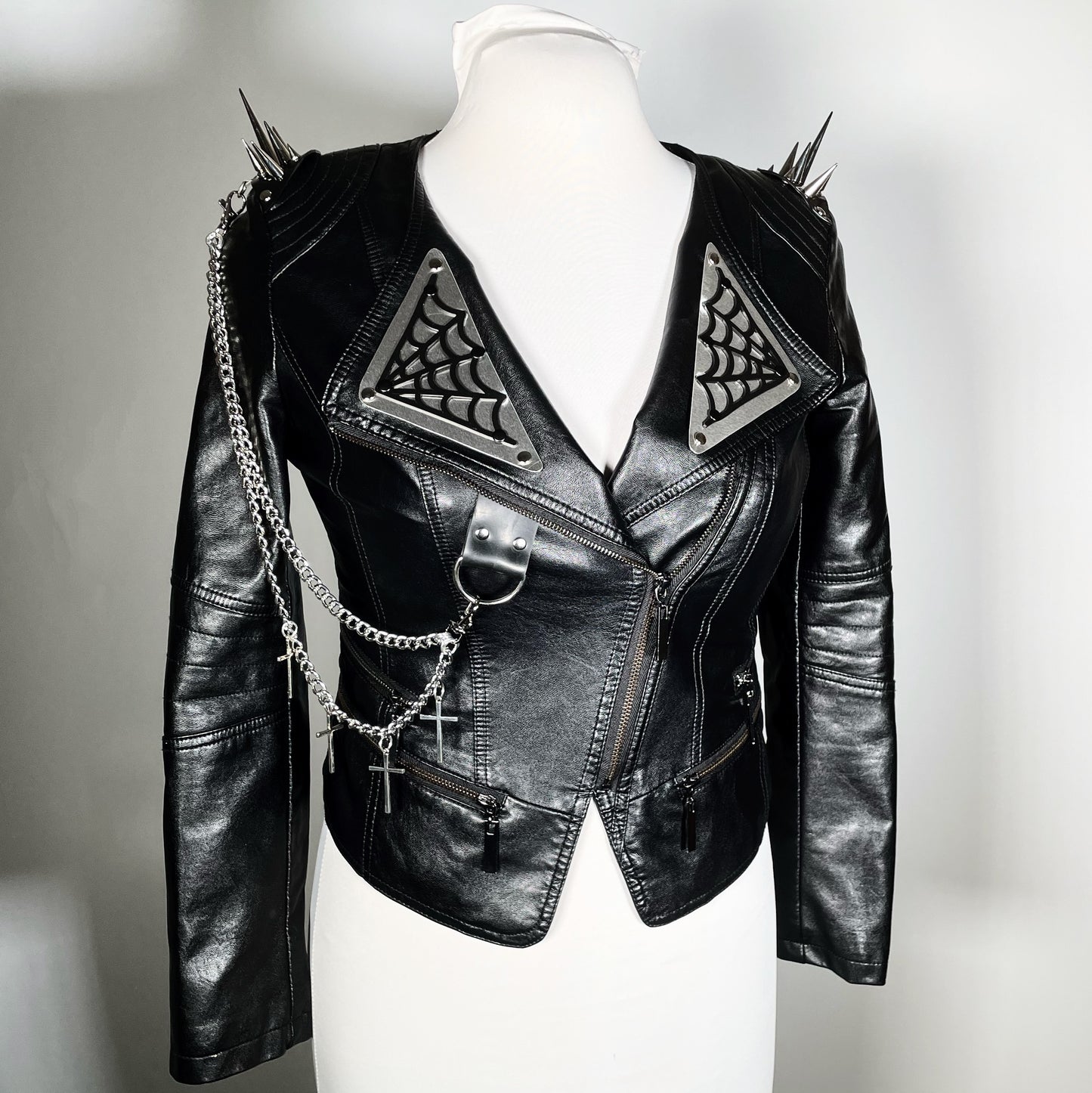 Black Pleather Moto with Metal Plating, PVC Spiderwebs, Spiked Shoulders and Chains with Crosses
