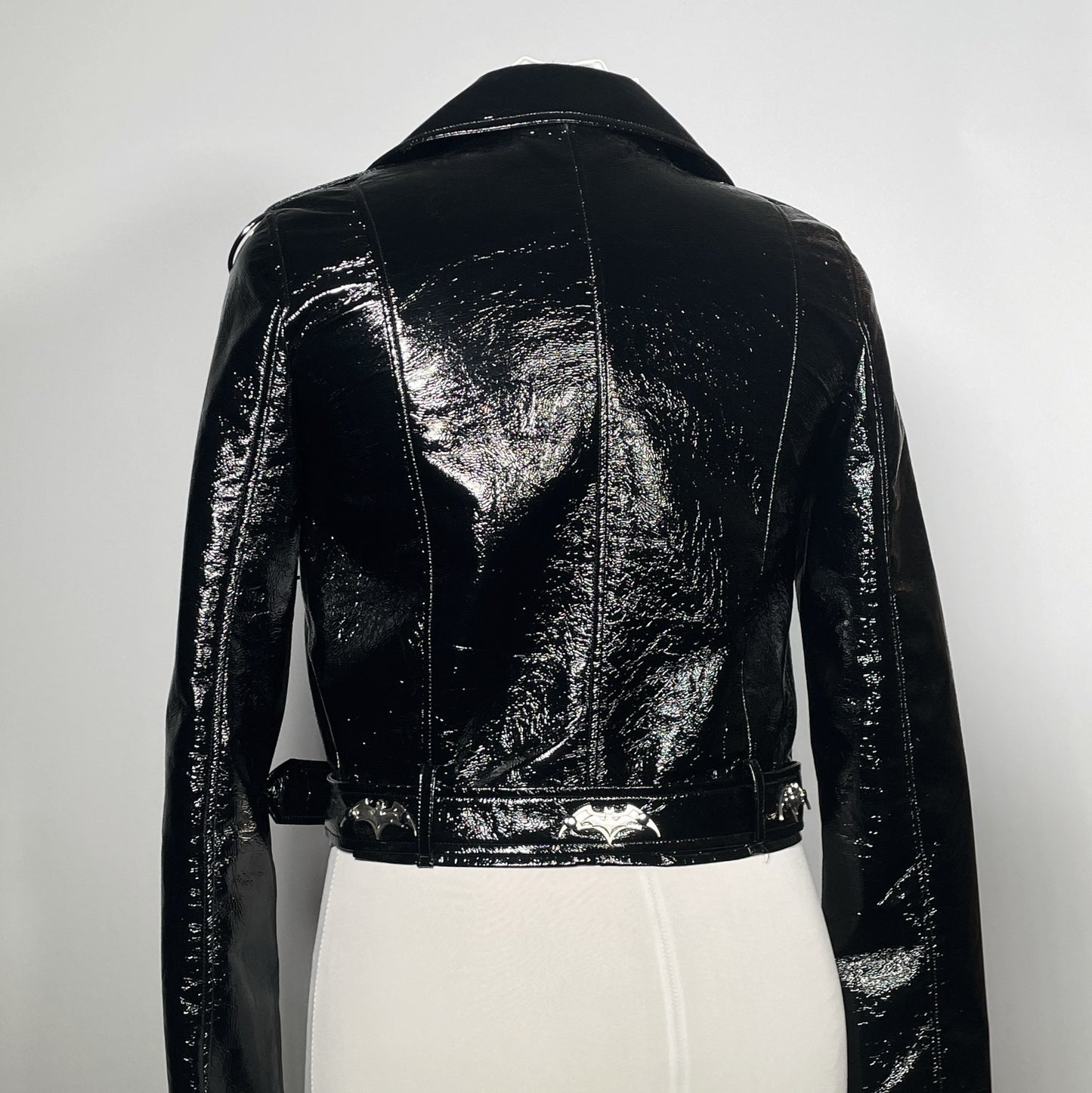 Black PVC Vinyl Goth Rock Moto Jacket with Bats and Spikes
