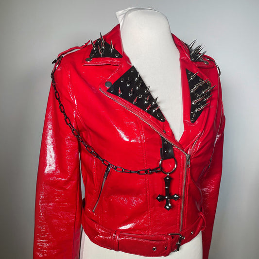 Red PVC Vinyl Goth Moto Jacket with Black PVC Cross, Collar and Black Chains