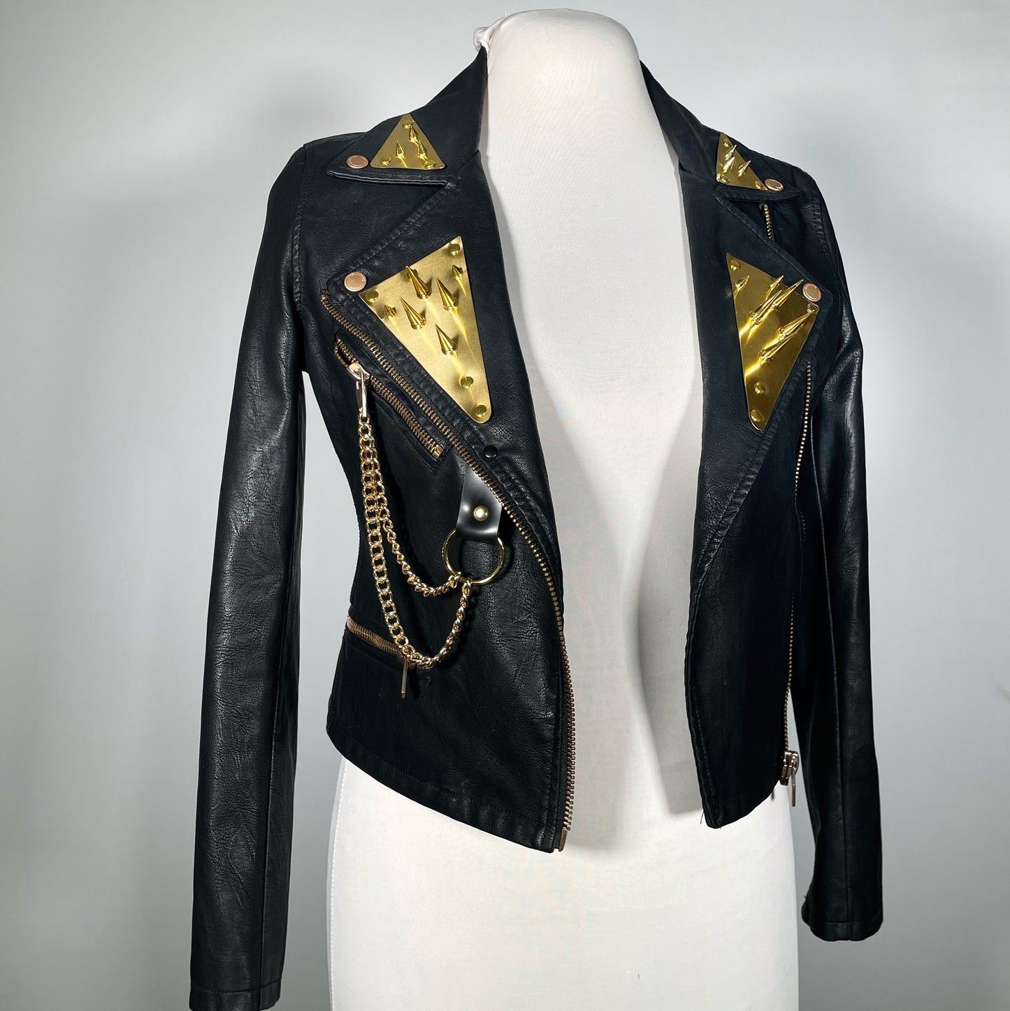 Black Pleather Moto Jacket with Gold Plating, Spikes and Chains (Small)