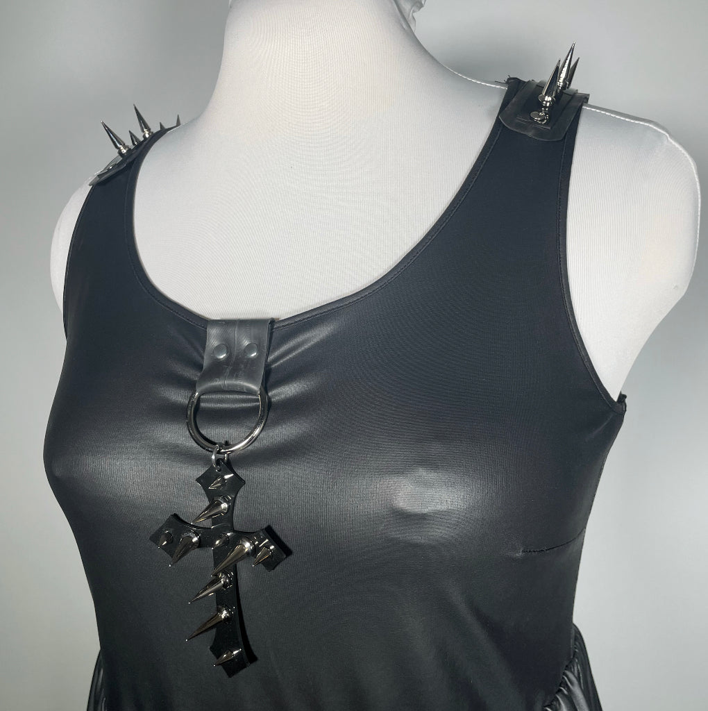 Black Stretchy Pleather Babydoll with Studded PVC Cross and Spiked Shoulders-SAMPLE