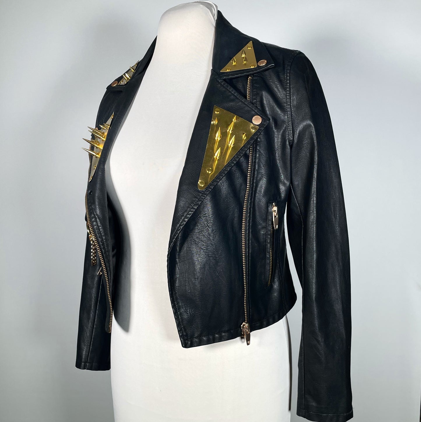 Black Pleather Moto Jacket with Gold Plating, Spikes and Chains (Small)