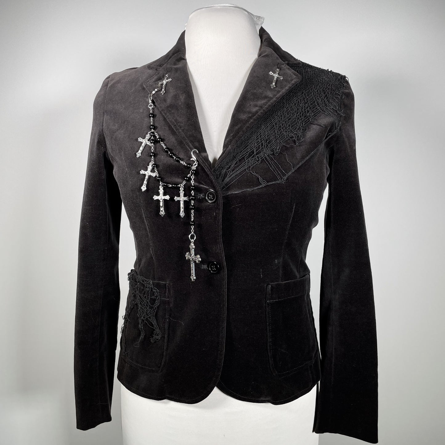 Black Velvet Blazer with Rosary Chain with Crosses and Cobwebs