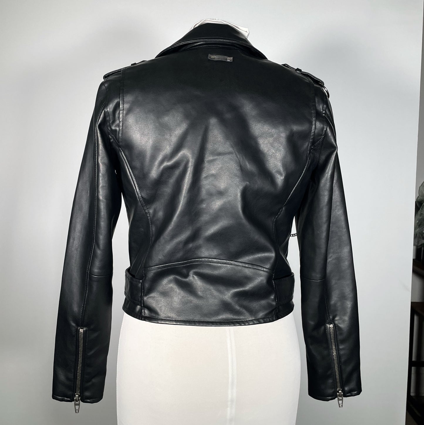 Black Pleather Moto Jacket with PVC/Metal Coffins, Bats and Removable Chains