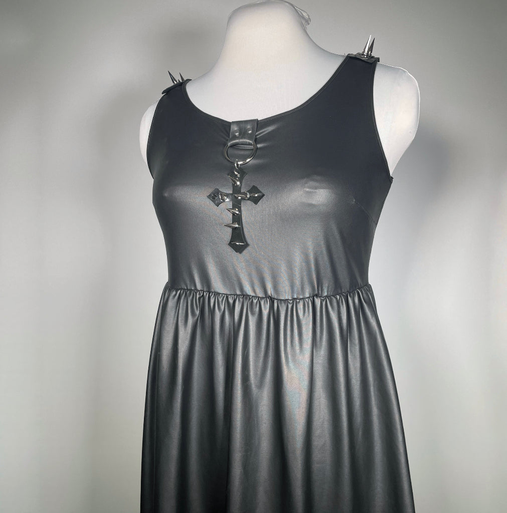 Black Stretchy Pleather Babydoll with Studded PVC Cross and Spiked Shoulders-SAMPLE