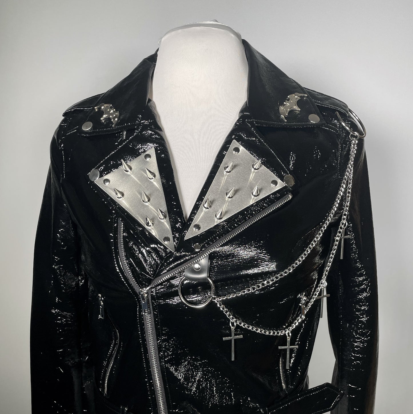 Black PVC Vinyl Goth Rock Moto Jacket with Bats and Spikes