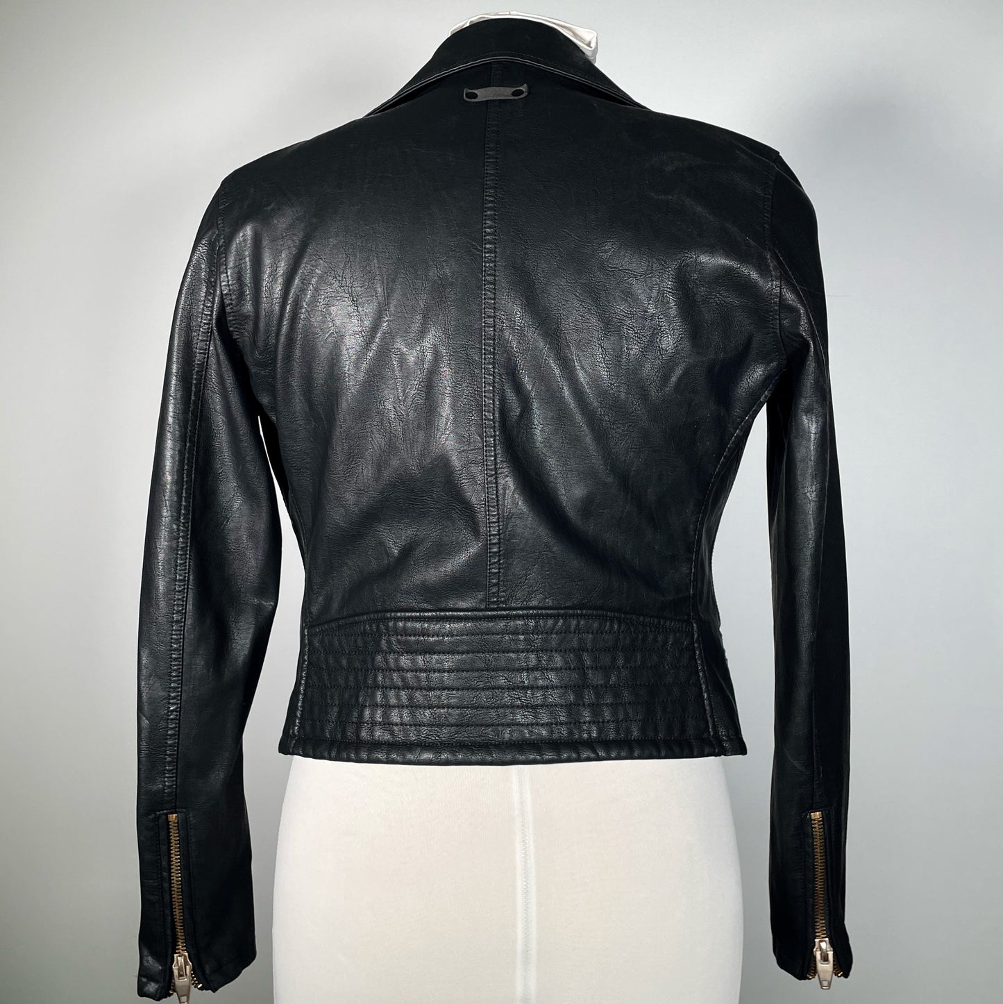Black Pleather Moto Jacket with Gold Plating, Spikes and Chains (Small)