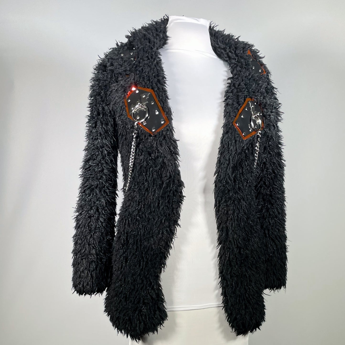 Black Faux Fur Coat w/ PVC Coffin with Stainless O-ring Bat and Removable Chain Harness