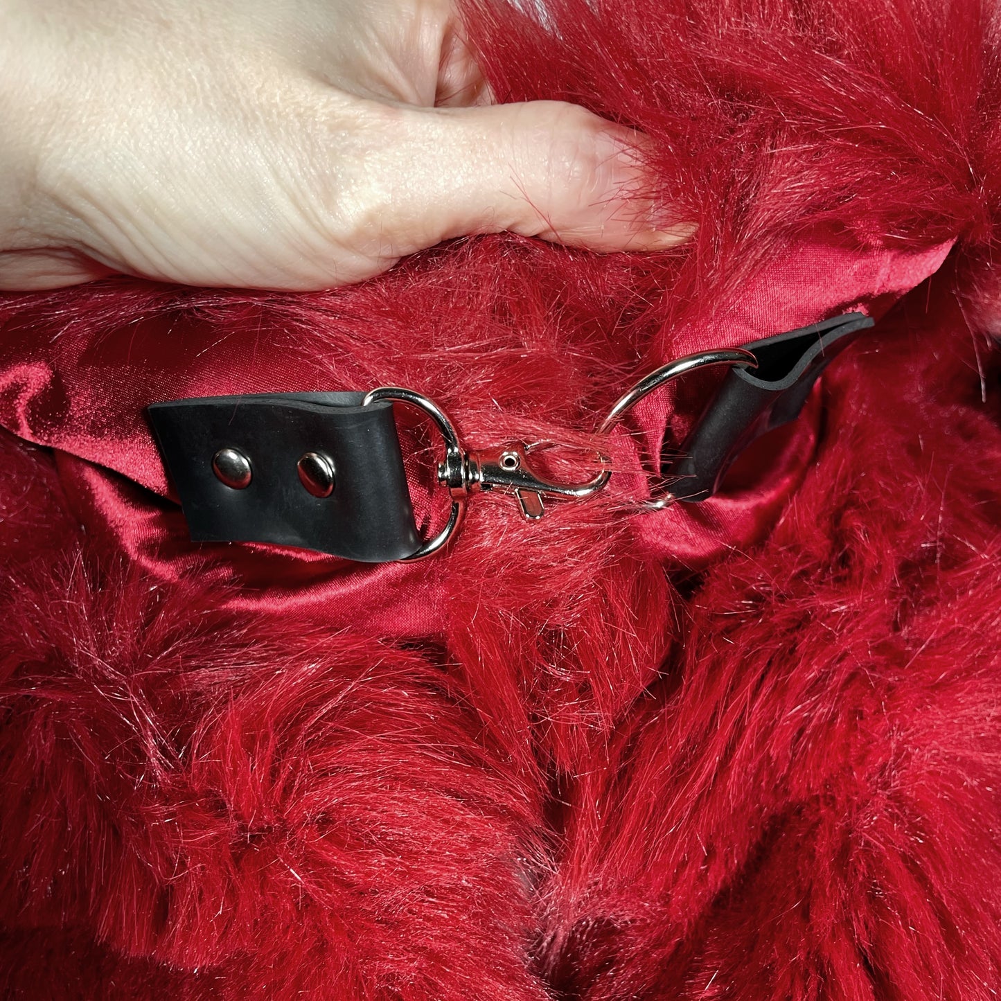 Red Faux Fur Cropped Jacket with Black Spiked Harness