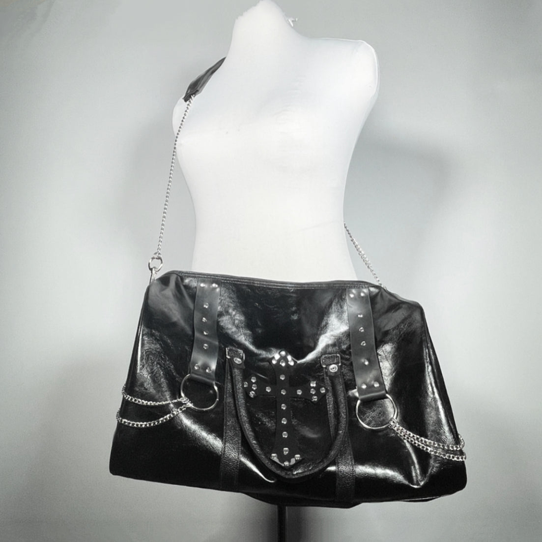 Black Duffle Bag/Overnight bag with Large PVC Studded Cross and Chains