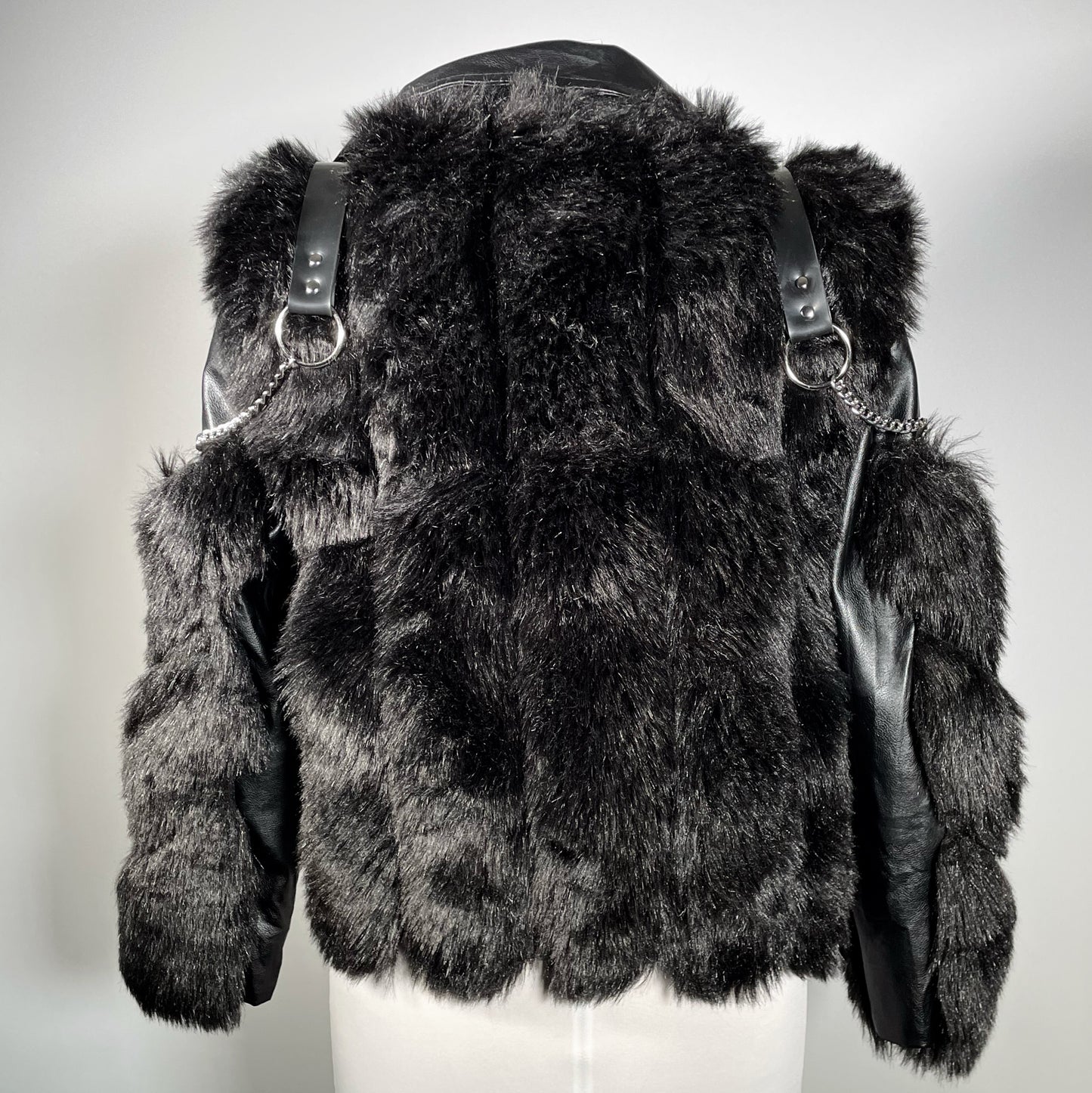 Black Pleather and Faux Fur Jacket with PVC Spiked Lapels and Harness Shoulders