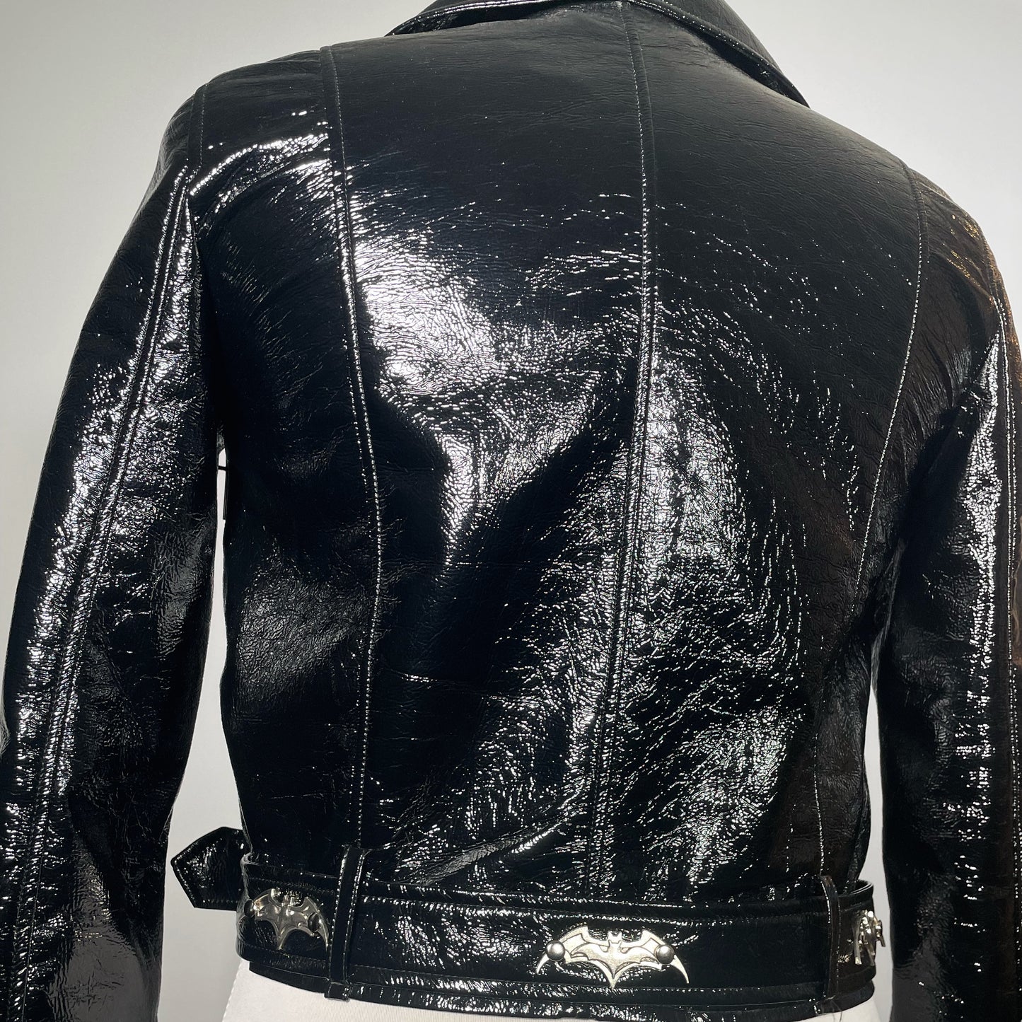 Black PVC Vinyl Goth Rock Moto Jacket with Bats and Spikes
