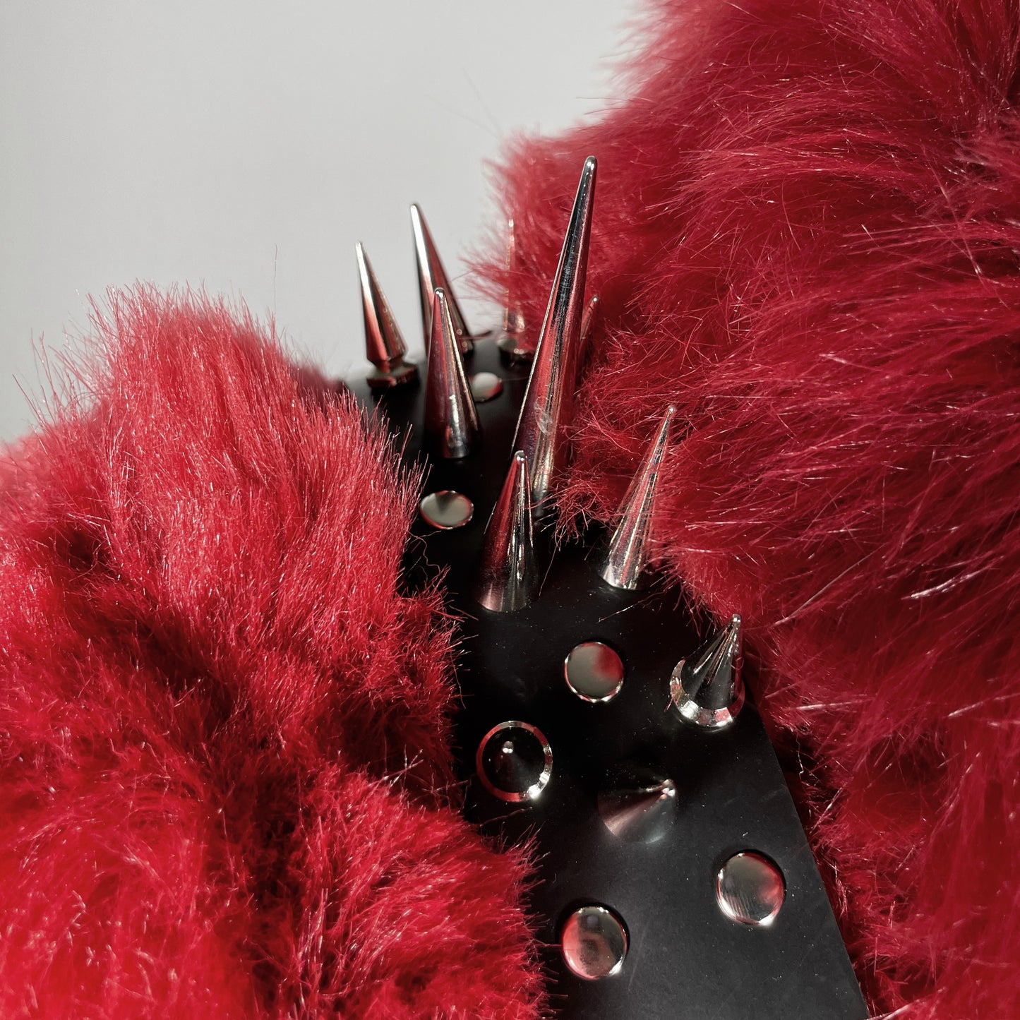 Red Faux Fur Cropped Jacket with Black Spiked Harness