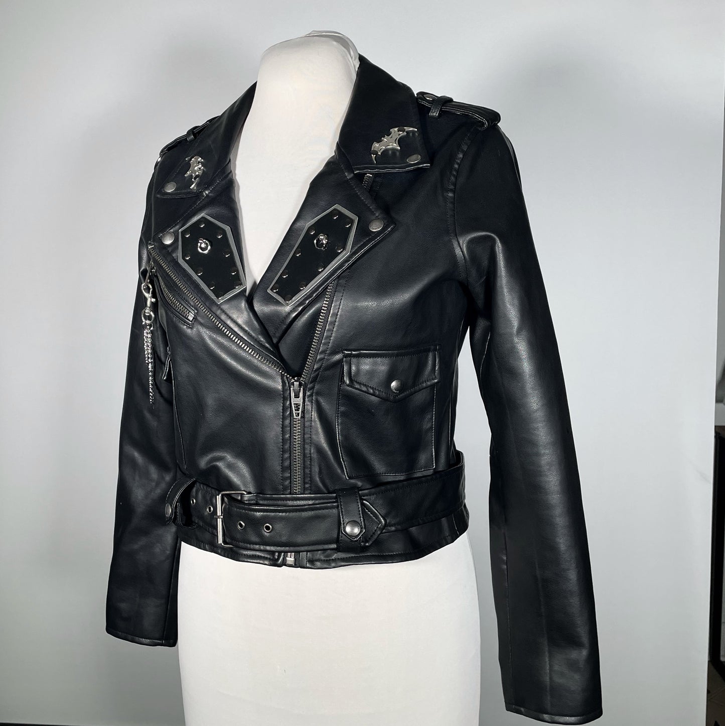 Black Pleather Moto Jacket with PVC/Metal Coffins, Bats and Removable Chains
