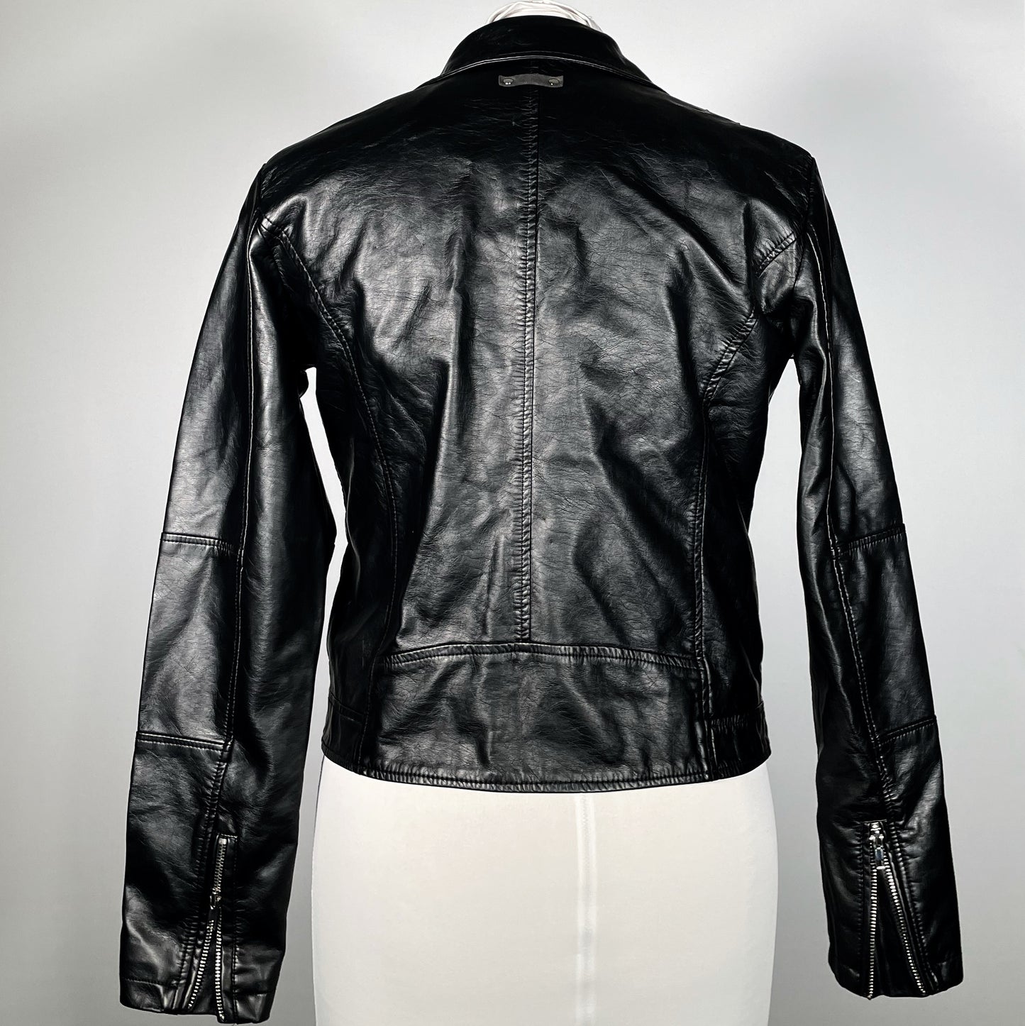 Black Pleather Moto with Metal Plating, PVC Spiderwebs, Studded Lapel and Chains with Cross