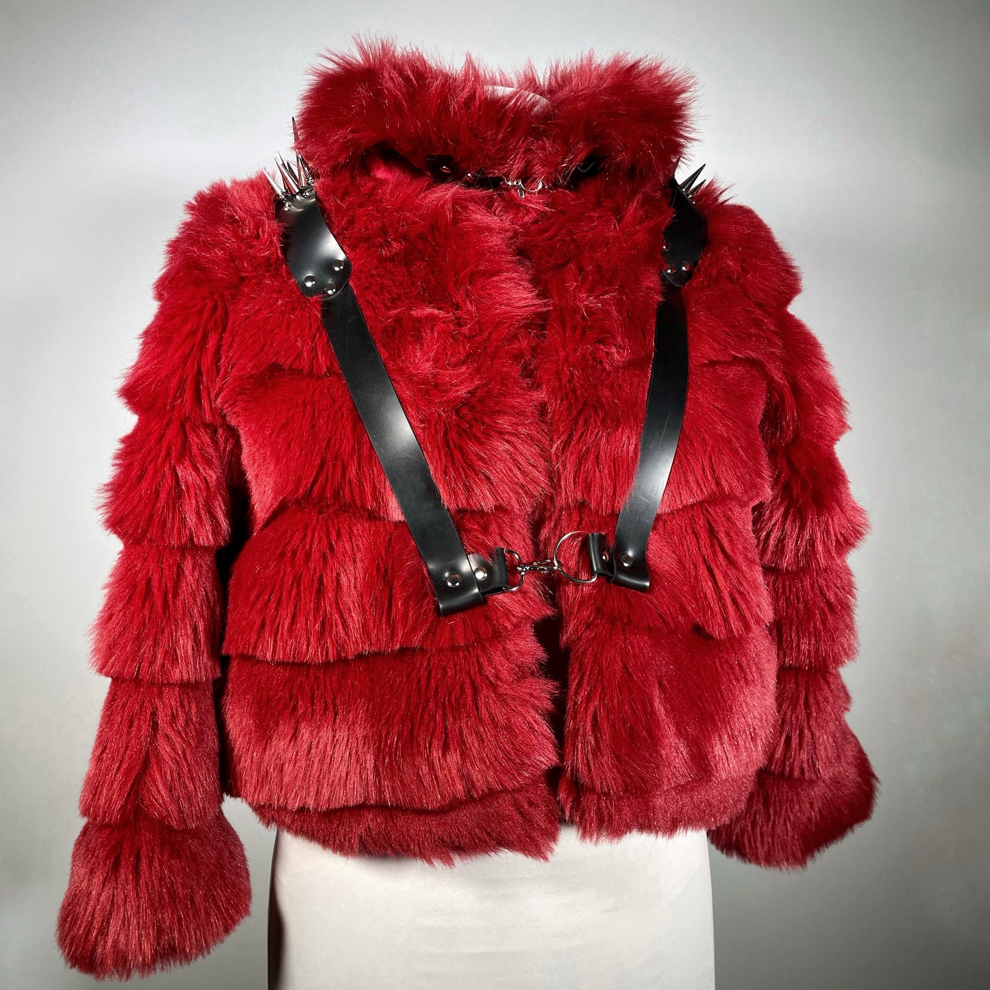 Red Faux Fur Cropped Jacket with Black Spiked Harness