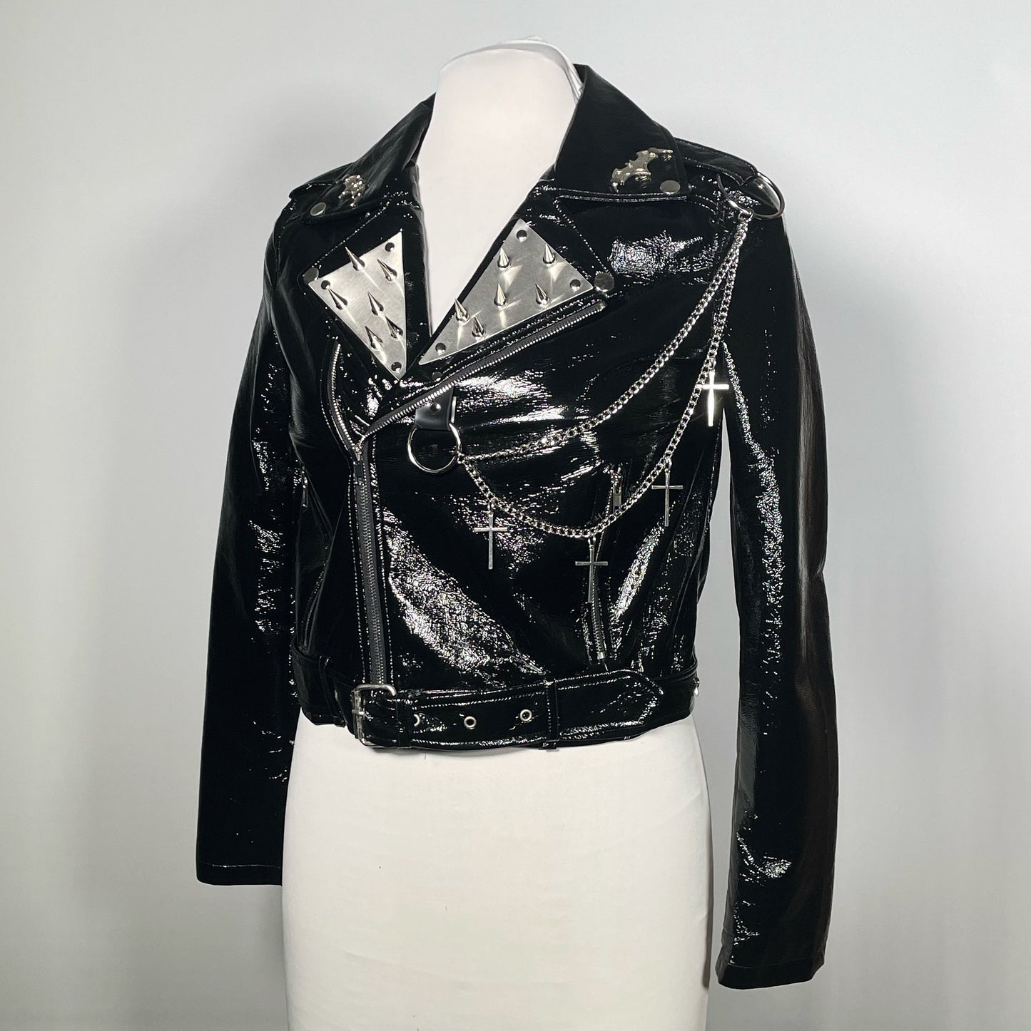 Black PVC Vinyl Goth Rock Moto Jacket with Bats and Spikes