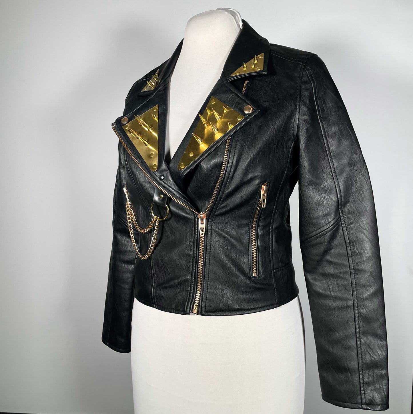 Black Pleather Moto Jacket with Gold Plating, Spikes and Chains (Med)