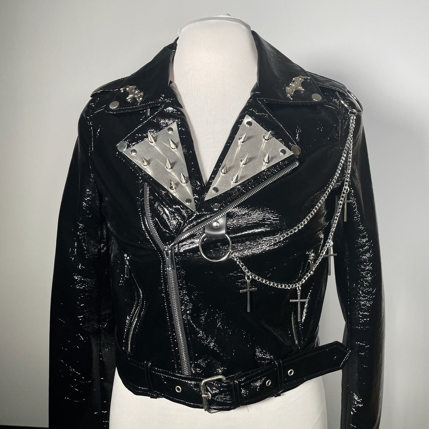 Black PVC Vinyl Goth Rock Moto Jacket with Bats and Spikes