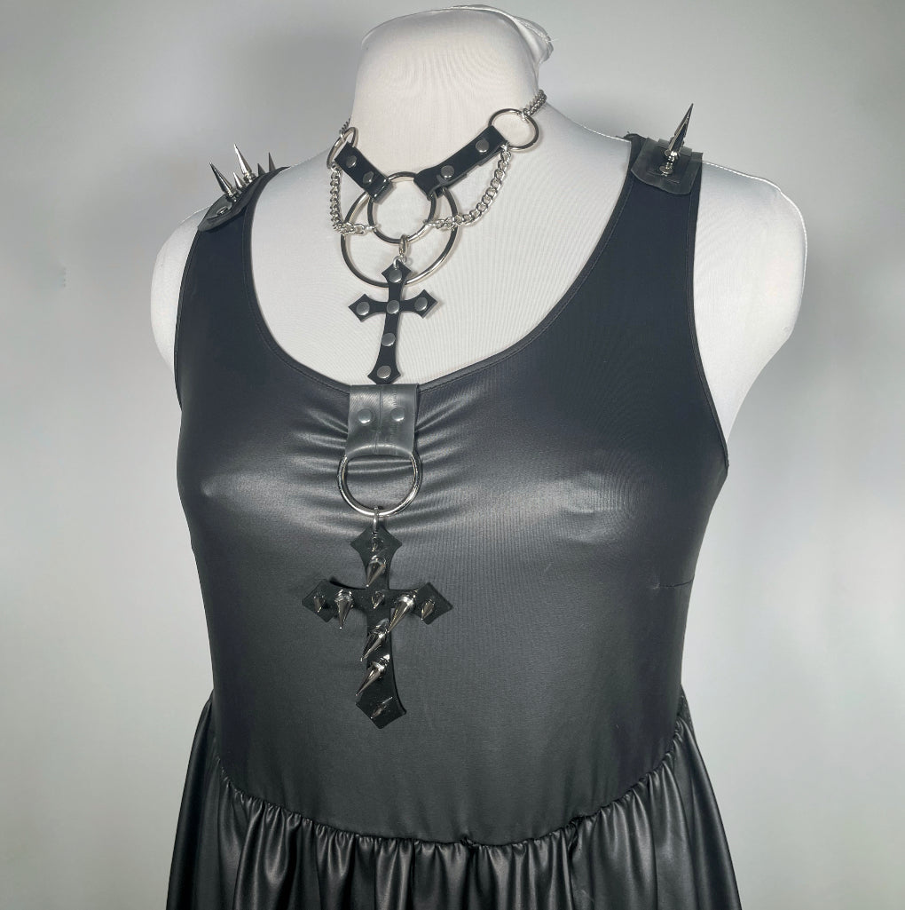 Black Stretchy Pleather Babydoll with Studded PVC Cross and Spiked Shoulders-SAMPLE