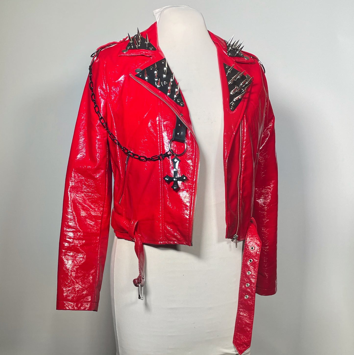 Red PVC Vinyl Goth Moto Jacket with Black PVC Cross, Collar and Black Chains