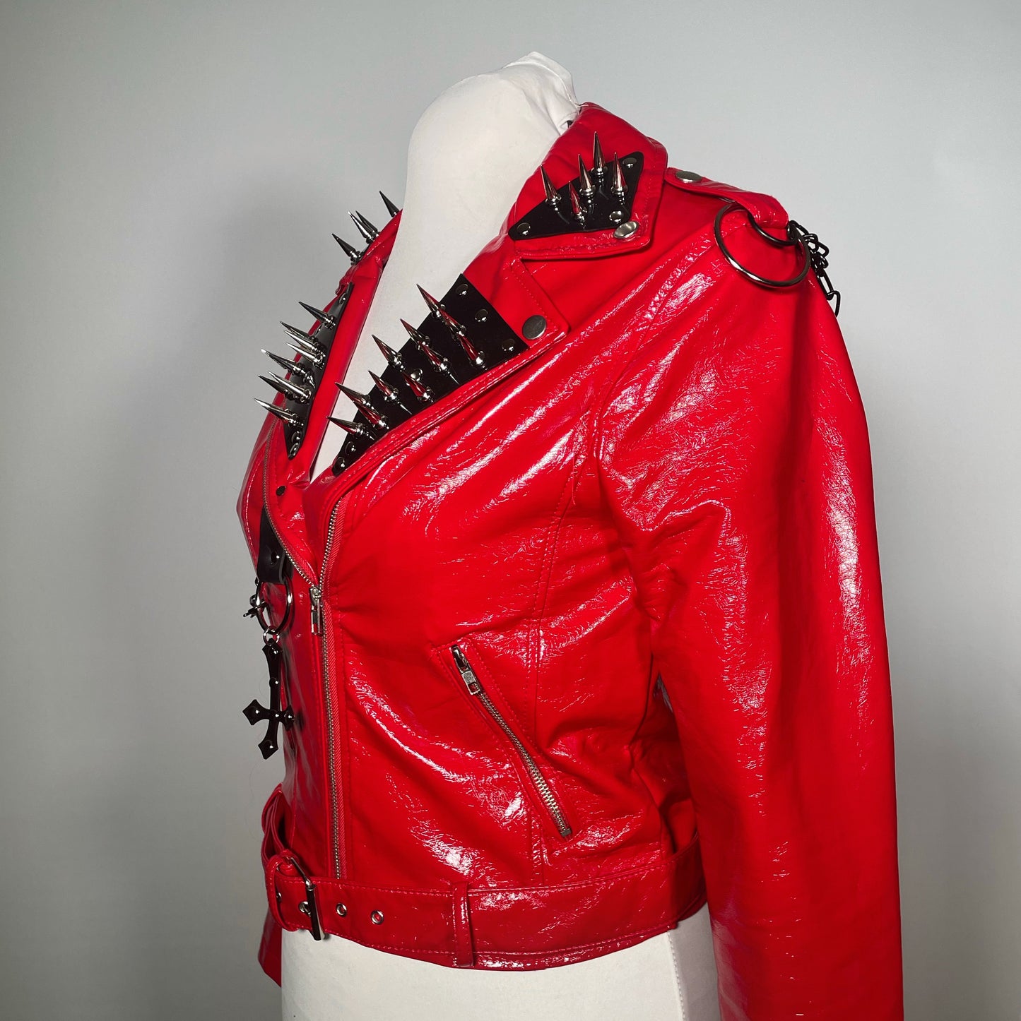Red PVC Vinyl Goth Moto Jacket with Black PVC Cross, Collar and Black Chains