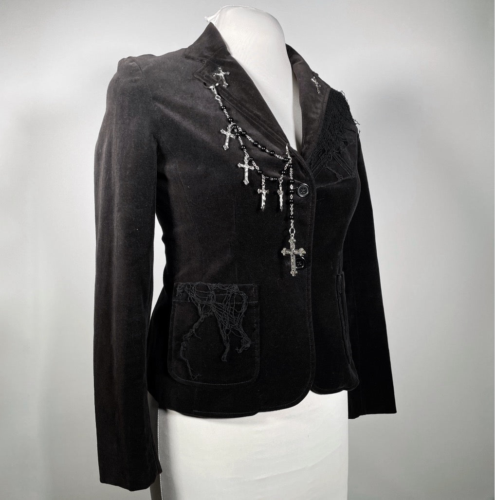 Black Velvet Blazer with Rosary Chain with Crosses and Cobwebs
