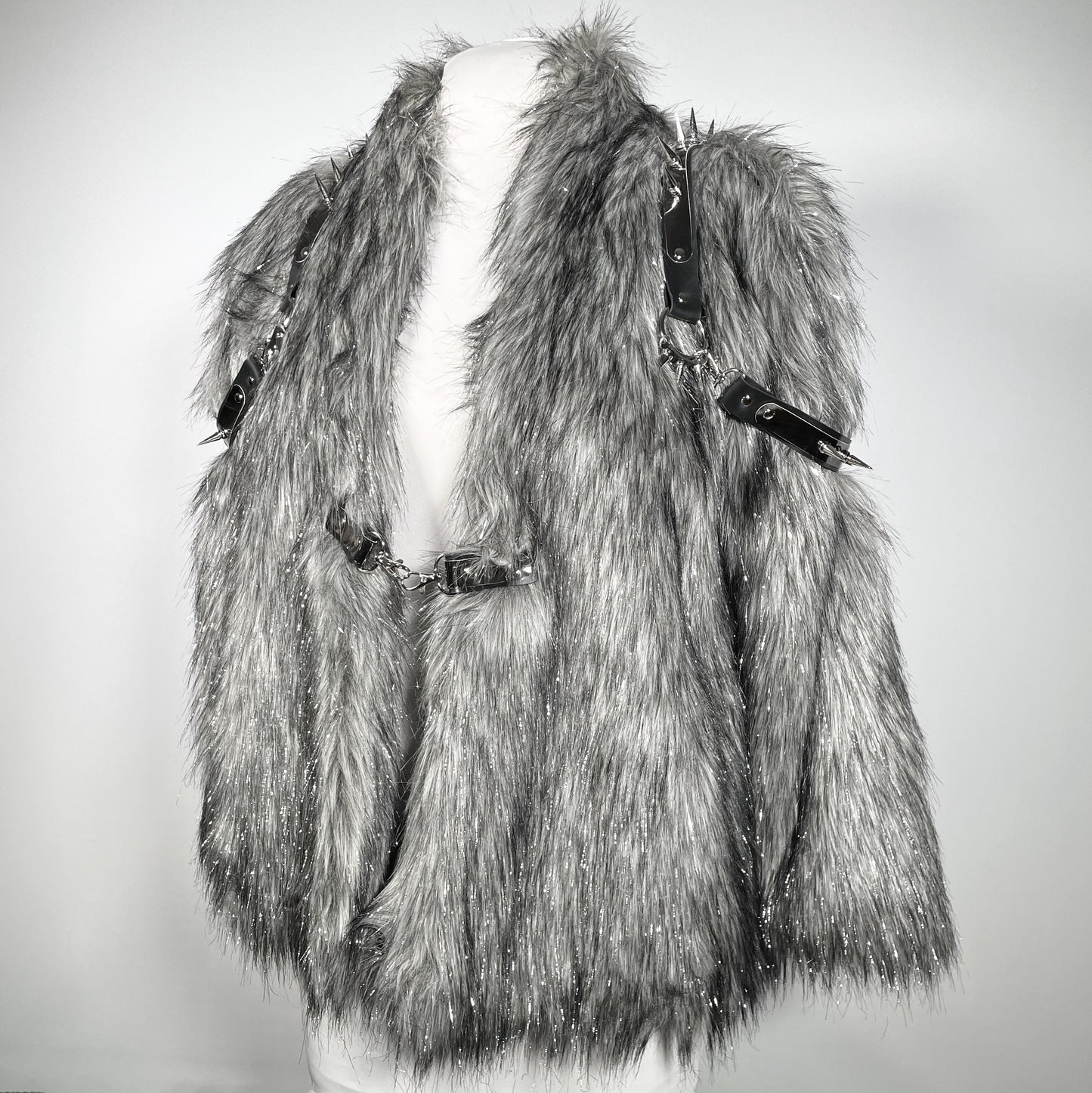 Grey with Silver Tinsel, Silver and Black Spiked Shoulder Harness Faux Fur Jacket
